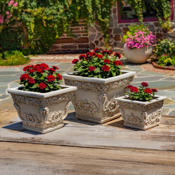 Set of 3 Assorted Magnesium Square Flower Pots in Antique White