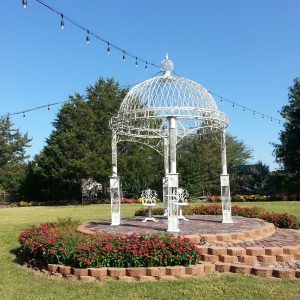 14 feet tall iron round roof garden gazebo on 4 square pillars in distressed antique white finish