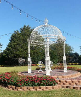 14 feet tall iron round roof garden gazebo on 4 square pillars in distressed antique white finish