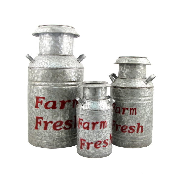 Set of 3 Galvanized Old Style Milk Can Planters
