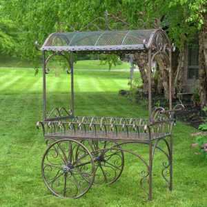 large metal flower cart with wheels and roof in antique bronze