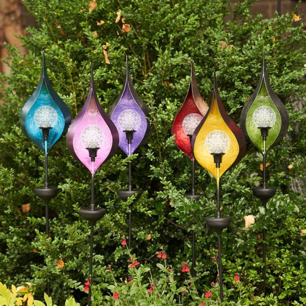 Case of 6 48 Tall Iron Raindrop Solar Garden Stakes with LED Spinning Orb in Six Assorted Colors
