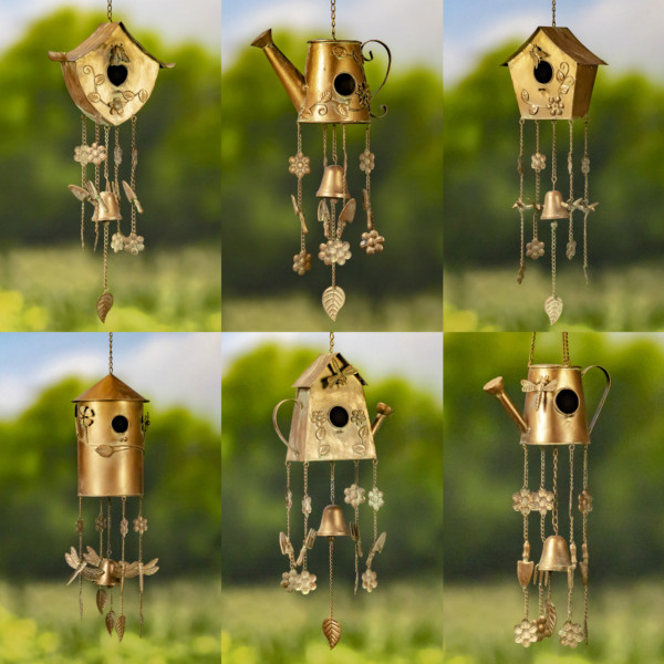 Six assorted copper hanging birdhouse windchime with a different style on each one