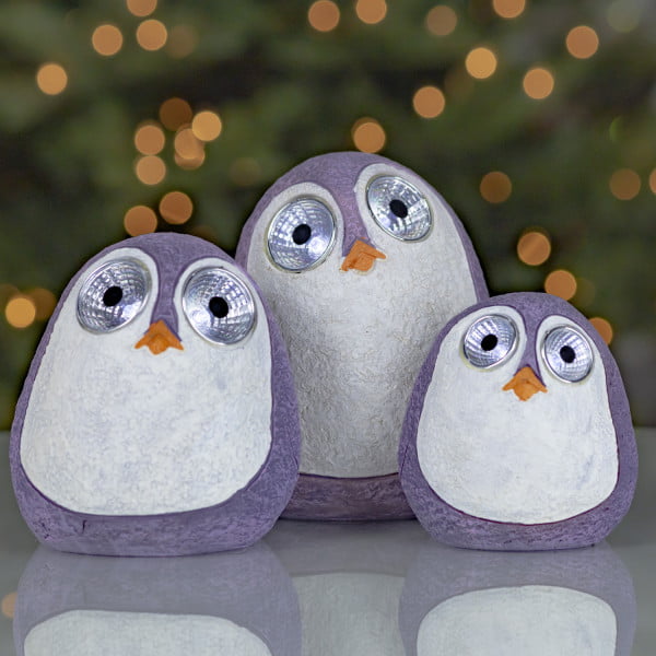 Set of 3 solar “Rock” purple penguins with light up eyes