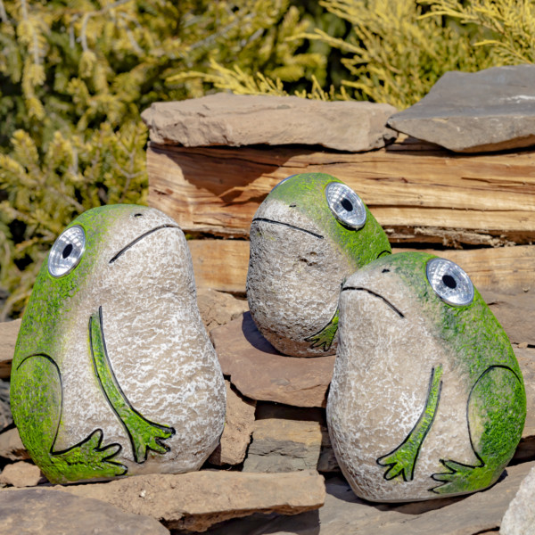 Three solar frogs sitting on some rocks with big round eyes that lights up in the dark