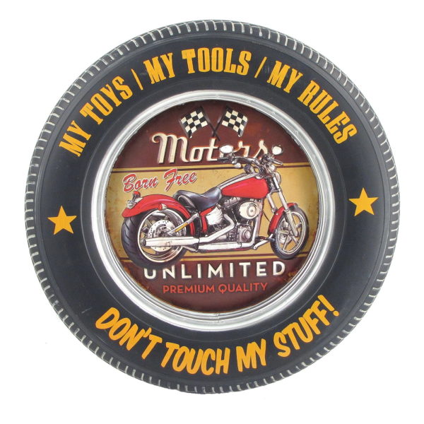Don’t Touch My Stuff with Red Motorcycle - Tire Shaped Iron Wall Décor with LED Lights