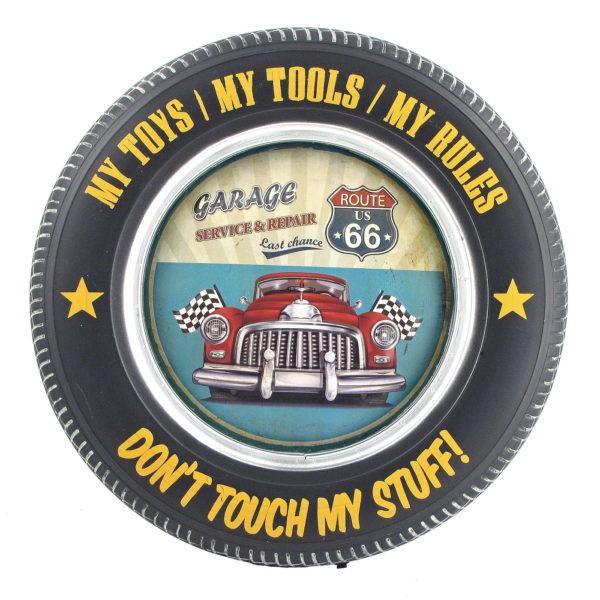 Don’t Touch My Stuff with Red Muscle Car and Checkered Flags - Tire Shaped Iron Wall Décor with LED Lights