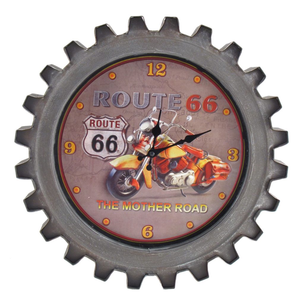 "Route 66" Motorcycle Themed Gear Shaped Wall Clock with LED Lights