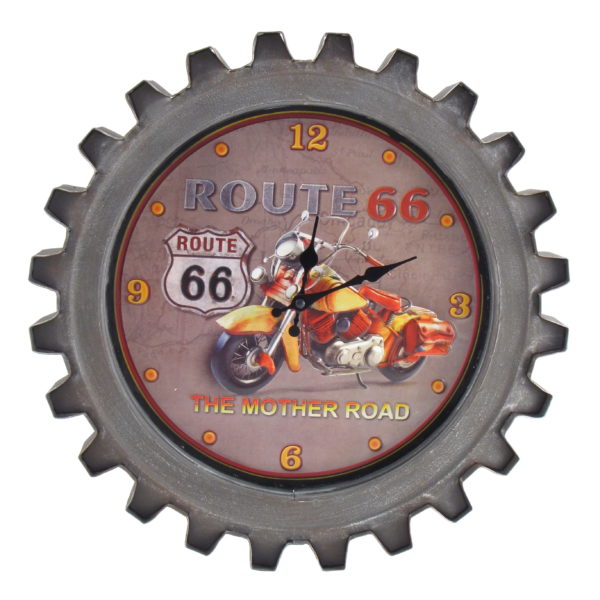 Route 66 Motorcycle Themed Gear Shaped Wall Clock with LED Lights