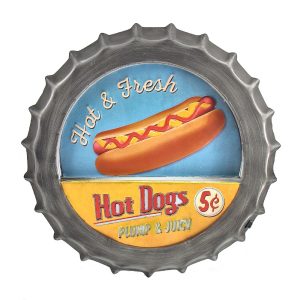 “Hot & Fresh Hot Dogs” Retro Style LED Lit Iron Bottle Cap Wall Decor