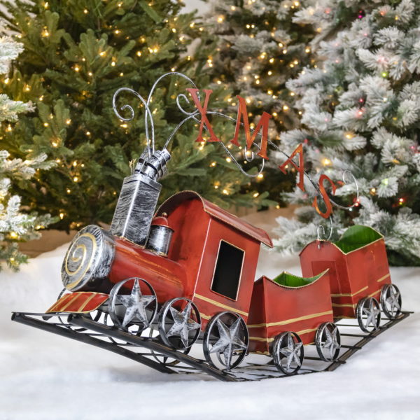 36 inch long metal Christmas train with 2 carts and letters X-M-A-S puffing out the chimney tabletop display