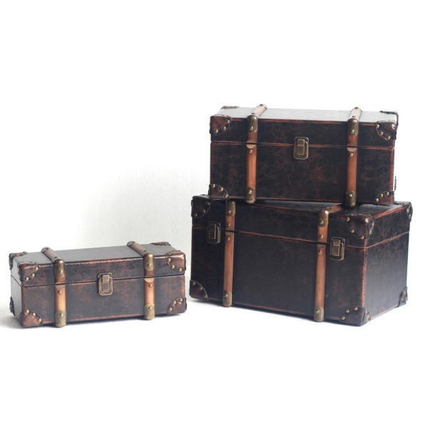 Set of 3 Old Style Antique Leather Trunk Décor