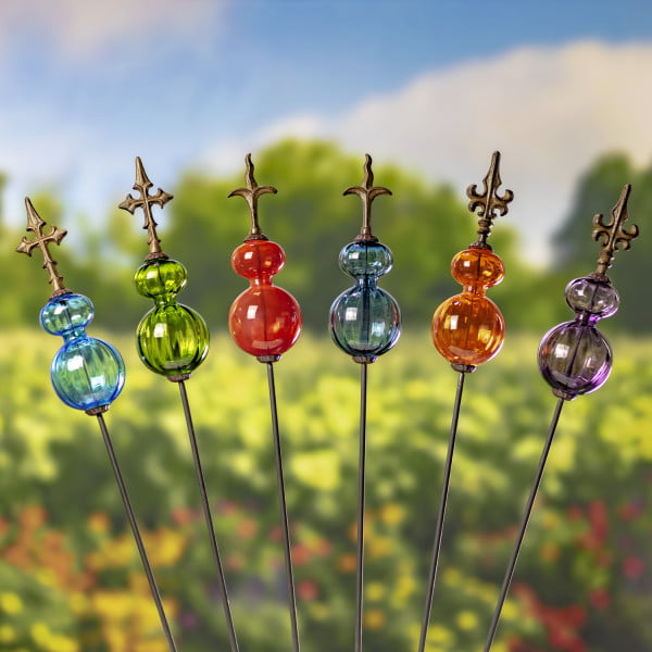 Set of 6 handblown glass ball iron stakes with fleur de lis finial in 6 colors red, cobalt blue, orange, green, purple and greyish blue