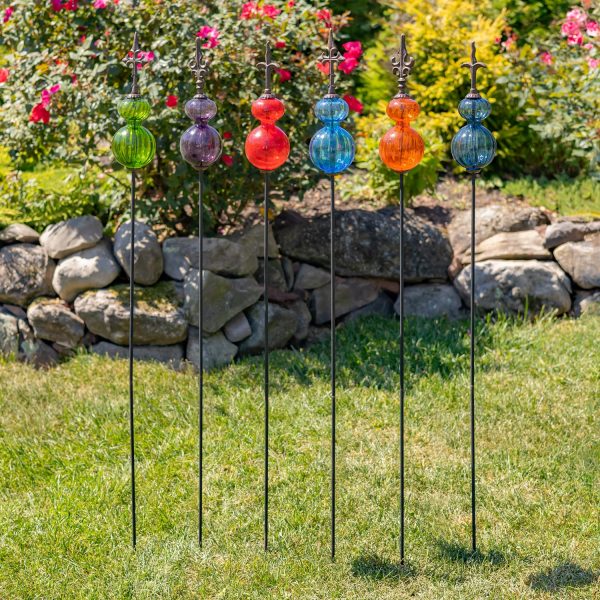 Set of 6 handblown glass ball iron stakes with fleur de lis finial in 6 colors red, cobalt blue, orange, green, purple and greyish blue