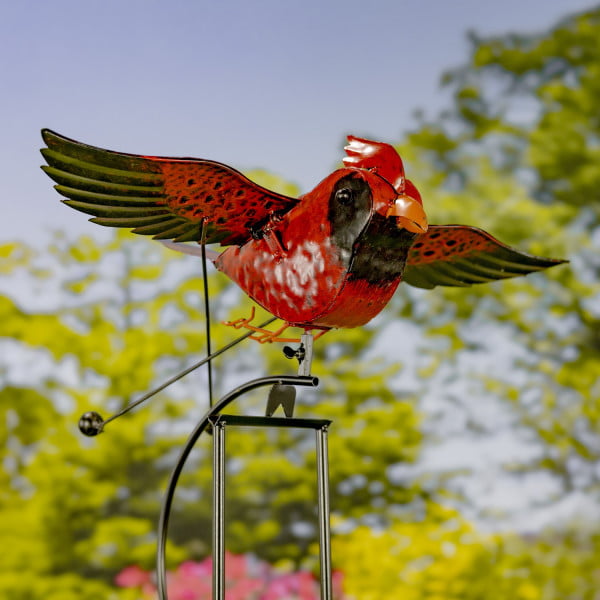 61 inch tall red cardinal with moving wings iron garden swing stake