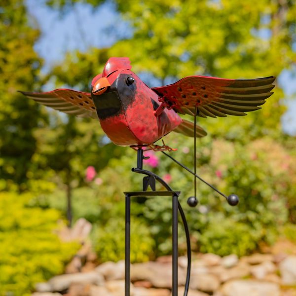 61 inch tall red cardinal with moving wings iron garden swing stake