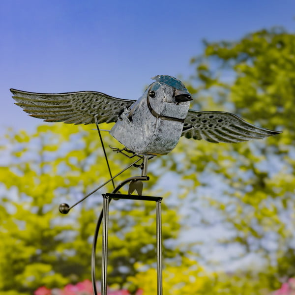 61 inch tall flying blue jay with moving wings iron garden swing stake