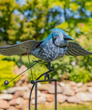 61 inch tall flying blue jay with moving wings iron garden swing stake