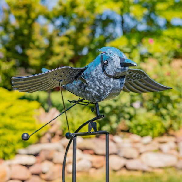 61 inch tall flying blue jay with moving wings iron garden swing stake