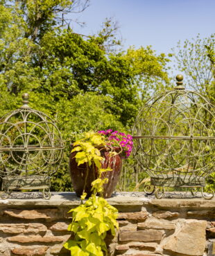 Set of 2 large and small iron globe plant stands in antique green with plant pot between them on a fence