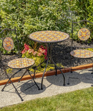 Barcelona Mosaic Bistro Set - one round table and two folding chairs - outdoors