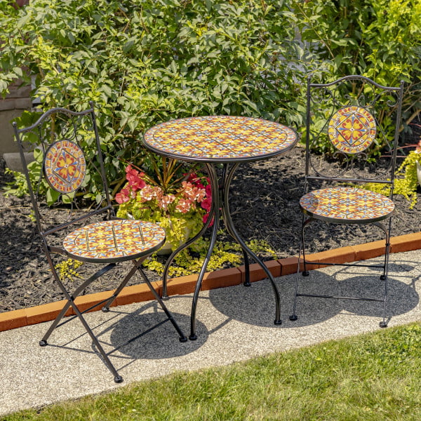 Barcelona Mosaic Bistro Set - one round table and two folding chairs - outdoors
