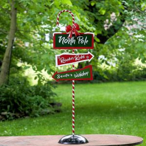 Standing Iron North Pole Sign with Candy Cane Post