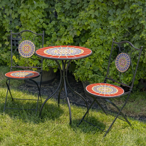 Mosaic bistro set of 2 folding chairs and 1 round table with black frame and bright mosaic work on tabletop, chair seats and backrest