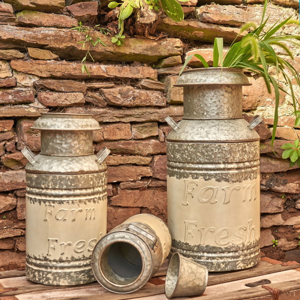 Set of 3 Galvanized Old Style Milk Can Planters in Cream