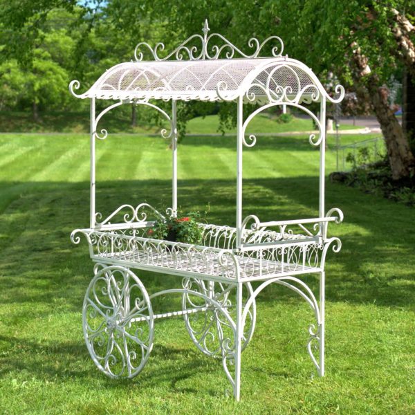 Large Iron Flower Cart with Roof in Antique Bronze