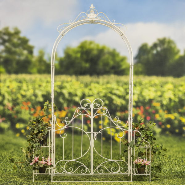 8 Feet Tall Iron Garden Gate Arch with side plant stands in antique distressed white finish