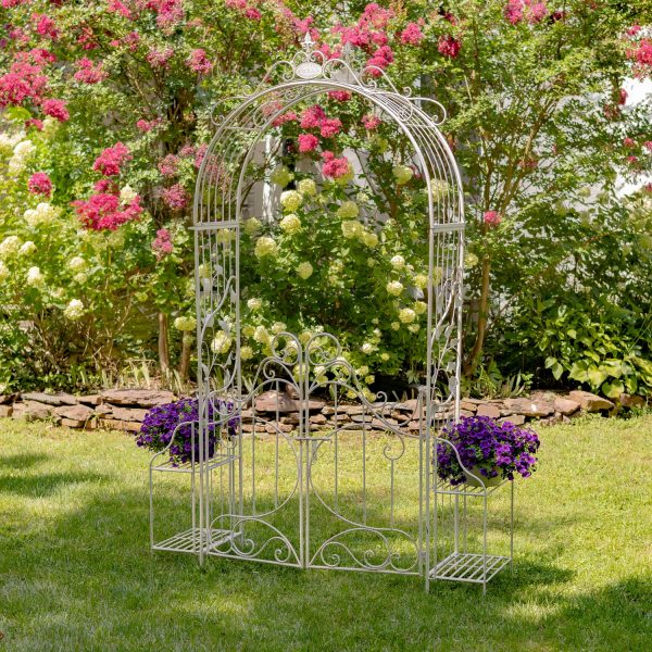 8 Feet Tall Iron Garden Gate Arch with 2 flower pots on side plant stands in antique distressed white finish