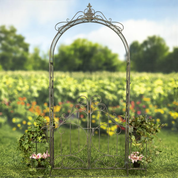 8 Feet Tall Iron Garden Gate Arch with side plant stands in antique distressed copper brown finish