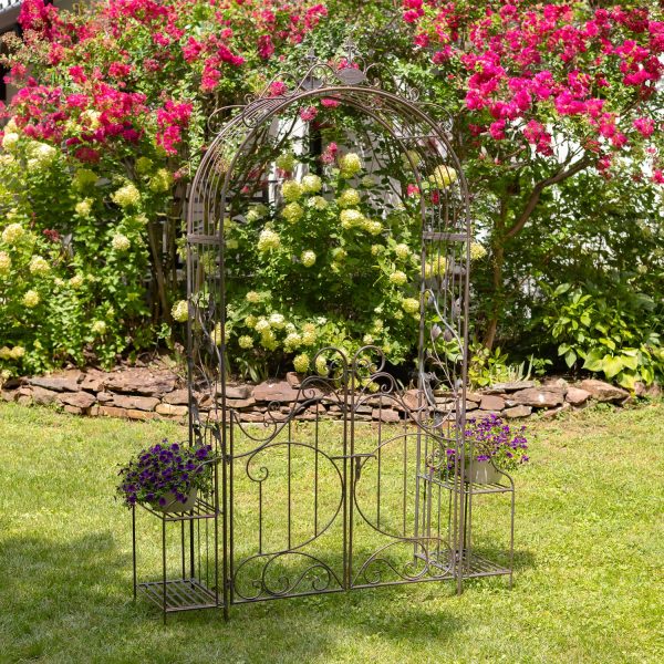 8 Feet Tall Iron Garden Gate Arch with side plant stands in antique distressed copper brown finish