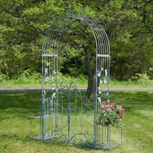 Iron Garden Gate with Side Plant Stands Stephania in Light Blue