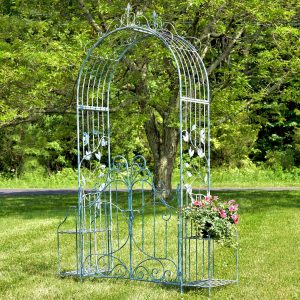 Iron Garden Gate with Side Plant Stands Stephania in Light Blue