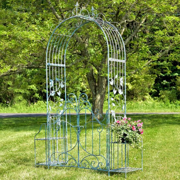 8 Feet Tall Iron Garden Gate Arch with side plant stands in antique distressed light blue finish in garden