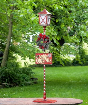 Standing Iron Christmas Lantern with Wreath & LED Lights