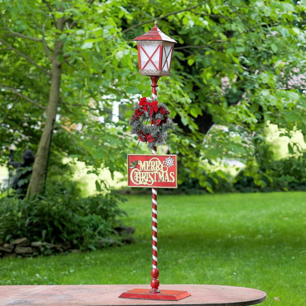 Standing Iron Christmas Lantern with Wreath & LED Lights