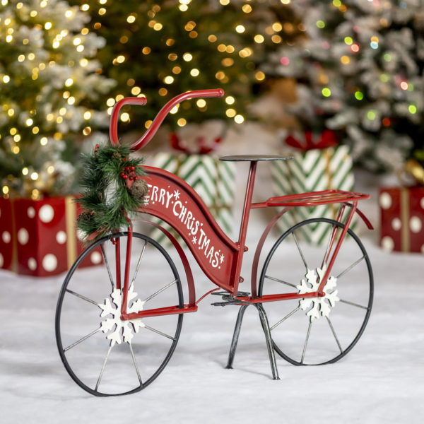 25 inch tall large red bicycle with Merry Christmas inscription and wreath