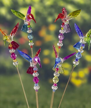 6 acrylic hummingbird pot stakes in 5 assorted color combinations with beads on long metal stake
