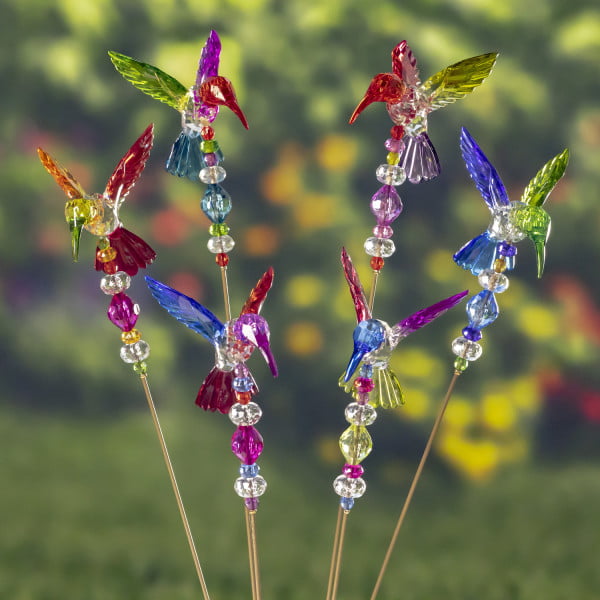 6 acrylic hummingbird pot stakes in 5 assorted color combinations with beads on long metal stake