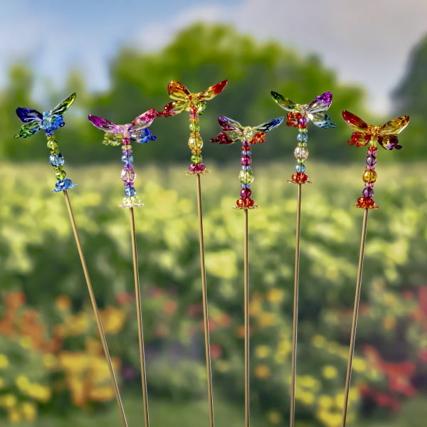 4.5 feet tall large 6 acrylic butterfly garden stakes in 5 assorted color combinations with beads on long metal stake