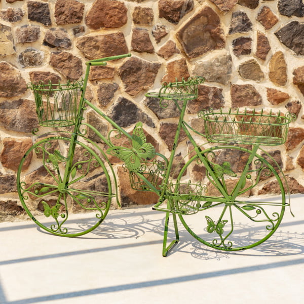 Large antique moss green bicycle butterfly plant stand with five baskets attached to the bike that can hold plants and flowers