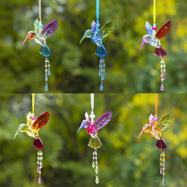 collage image of Five Tone Acrylic Hummingbird Ornaments in 6 Assorted Color Combinations