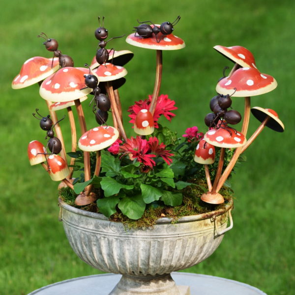 Set of 6 Assorted Funny Ants on Iron Mushroom Garden Stakes