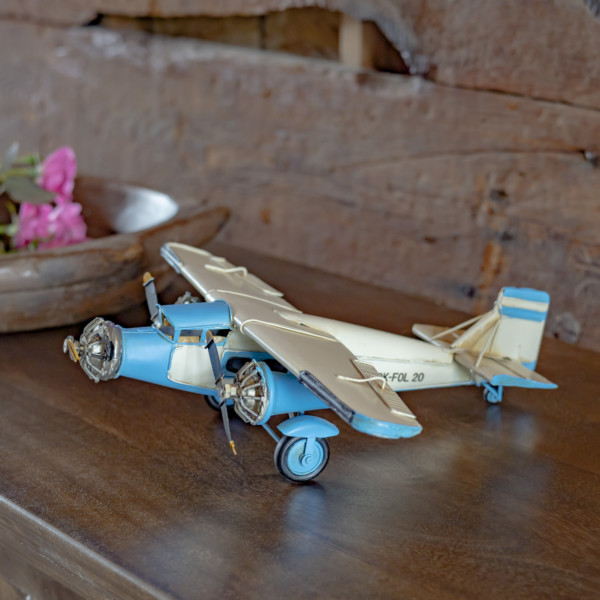 Metal Model Airplane Décor in Blue & Cream