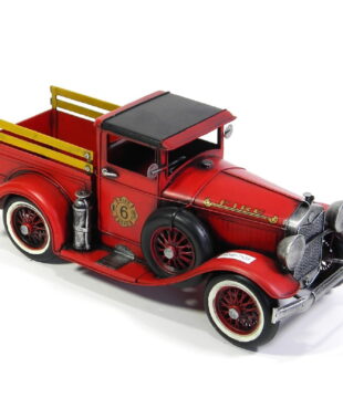 Metal red fire truck with spare tire on the side tabletop decor