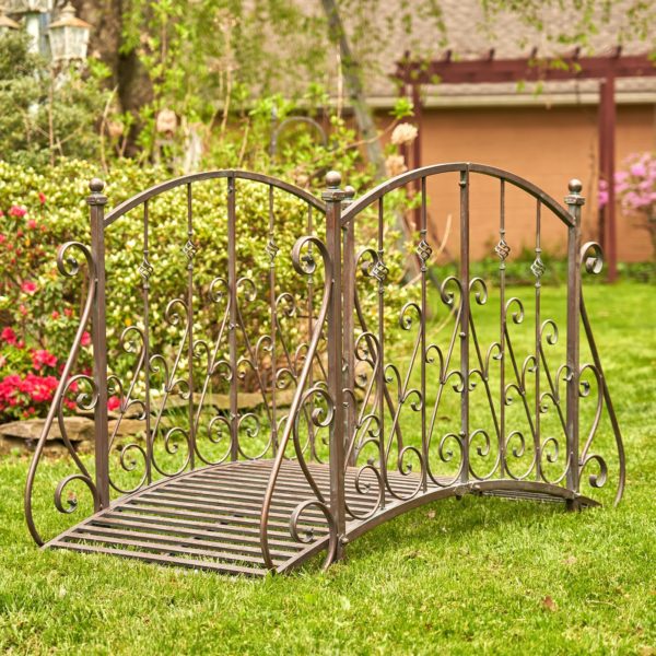 iron arched garden bridge in antique style in distressed bronze finish