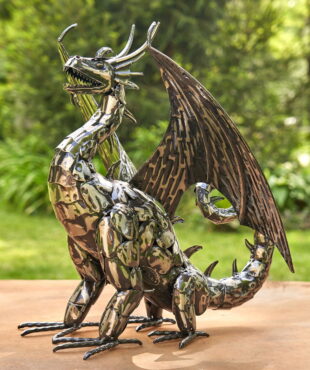 side view image at 21 inch tall dragon statue made of metal plates in metallic finish